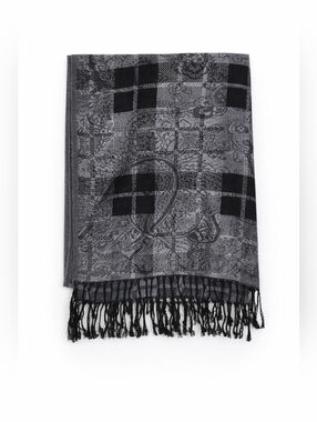 ​Vintage Luxury Pashmina Scarf Grey Black Plaid Paisley Check Reversible Wrap